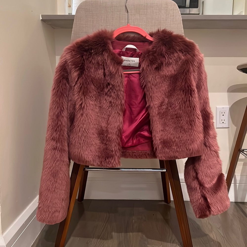 Aritzia Babaton Magenta Crop Faux Fur Jacket